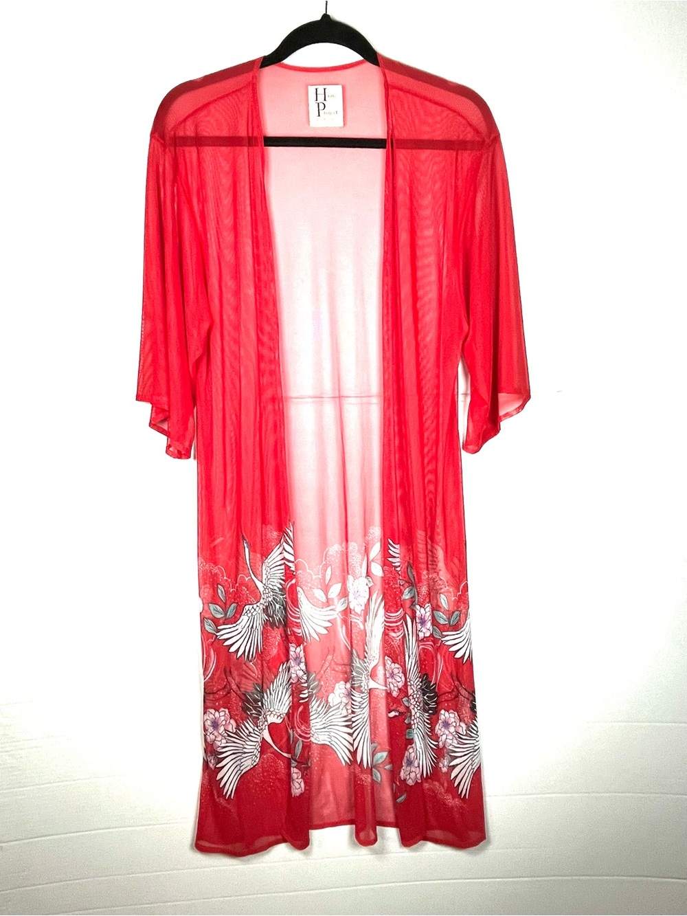 HP Red Sheer Floral and Crane Kimono Robe